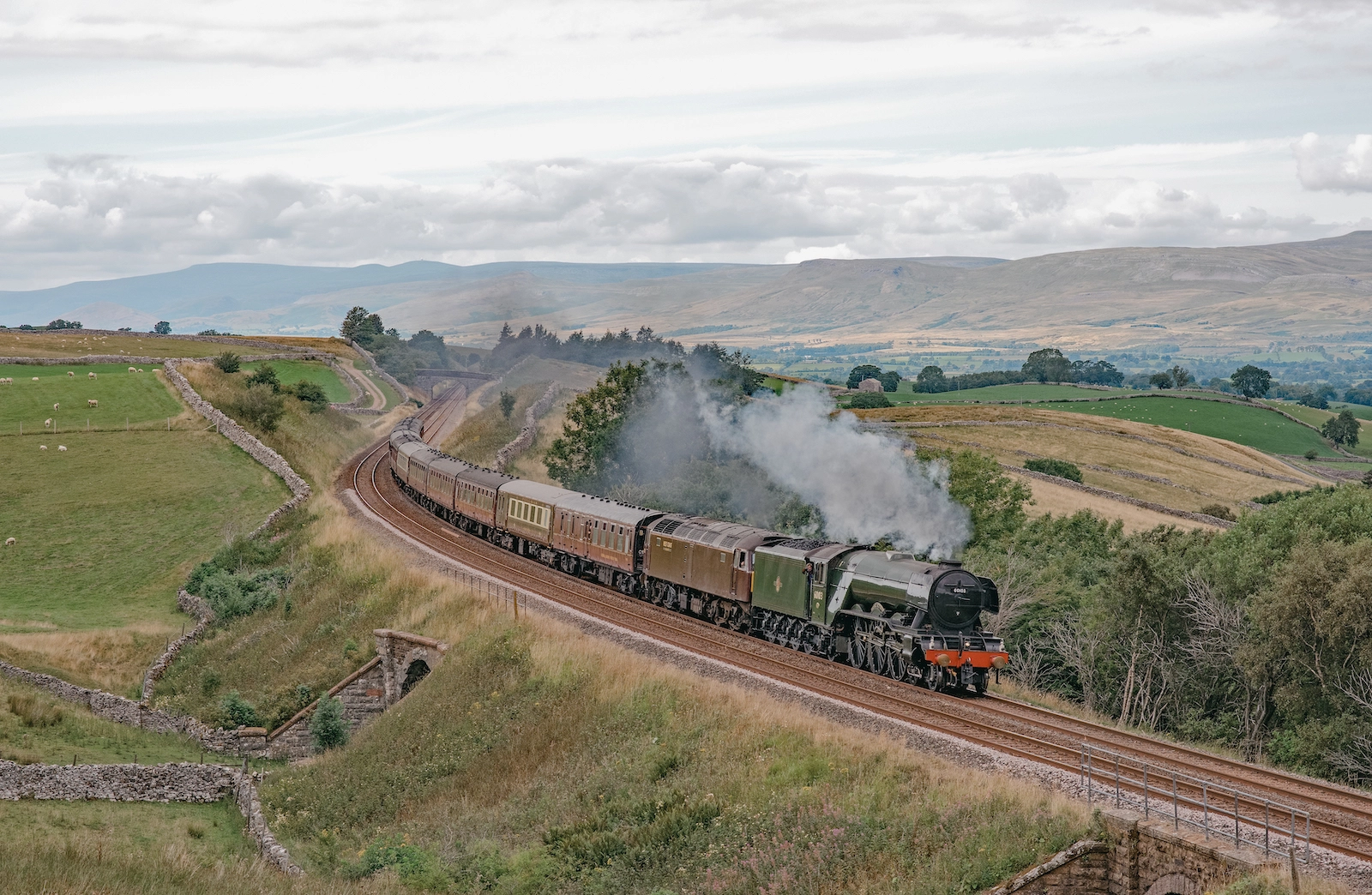 Steam locomotive on the Settle to Carlisle railway passing Birkett Common