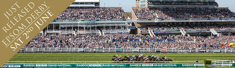 Horse racing finishing post scene with grandstand background
